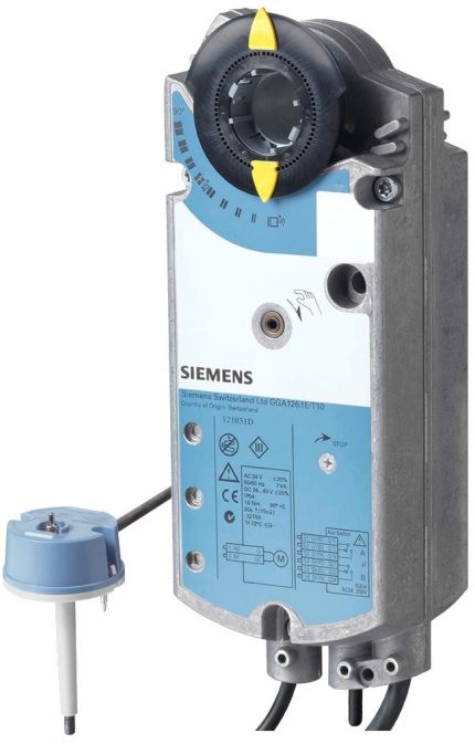 GGA326.1E/T12 Actuator for fire protection dampers, AC 230 V, 2-position, 18 Nm, spring return 90/15 s, 2 auxiliary switches, shaft 12 x 12 mm, with thermosensor
